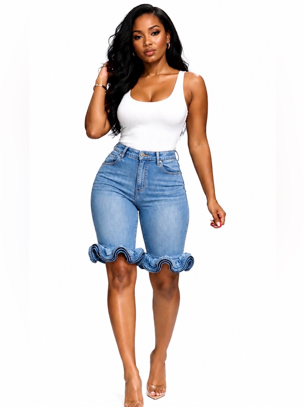 Ruffle Hem High-Waist Denim Bermuda Shorts - Light Blue